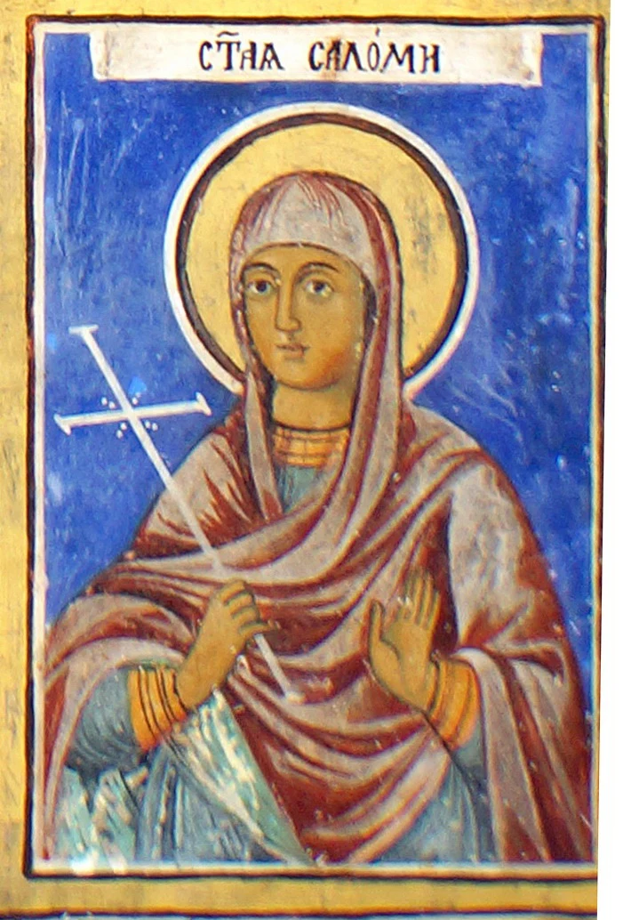 Fresko ikon Santa Maria Salome di Biara Rila, Bulgaria: Salome berkerudung dan berjubah merah memegang salib, dengan tulisan namanya di bagian atas
