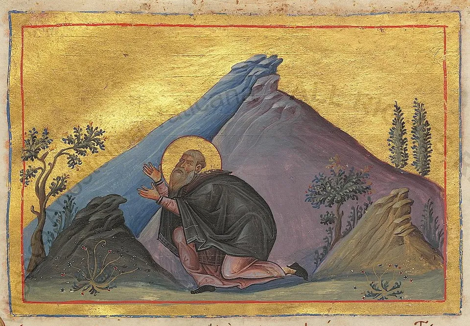 Miniatur Bizantin Santo Hilarion dalam Menologion Basil II (sekitar tahun 985)